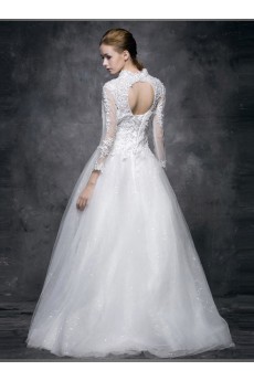 Lace, Satin V-neck Floor Length Long Sleeve Ball Gown Dress with Sequins