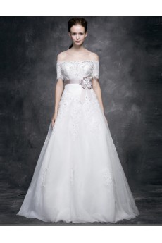 Lace, Satin Off-the-Shoulder Floor Length A-line Dress with Rhinestone, Sash