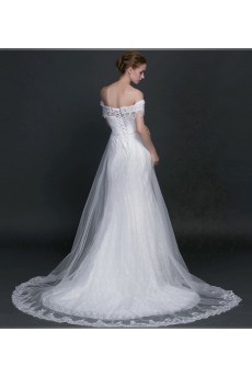 Lace, Satin Off-the-Shoulder Chapel Train Mermaid Dress with Beads