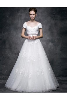 Lace, Satin, Tulle V-neck Floor Length Cap Sleeve A-line Dress with Sash, Sequins