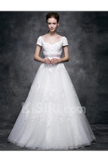 Lace, Satin, Tulle V-neck Floor Length Cap Sleeve A-line Dress with Sash, Sequins