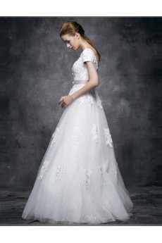 Lace, Satin, Tulle V-neck Floor Length Cap Sleeve A-line Dress with Sash, Sequins