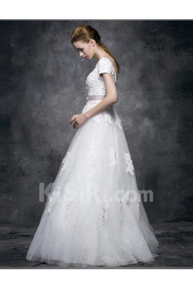 Lace, Satin, Tulle V-neck Floor Length Cap Sleeve A-line Dress with Sash, Sequins