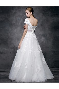 Lace, Satin, Tulle V-neck Floor Length Cap Sleeve A-line Dress with Sash, Sequins
