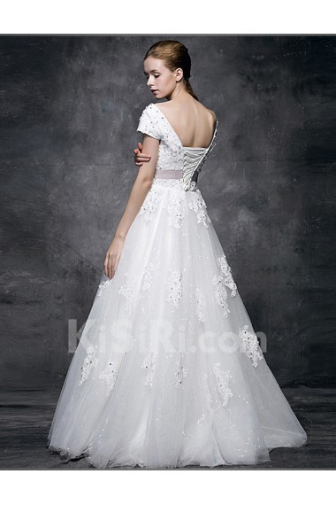 Lace, Satin, Tulle V-neck Floor Length Cap Sleeve A-line Dress with Sash, Sequins