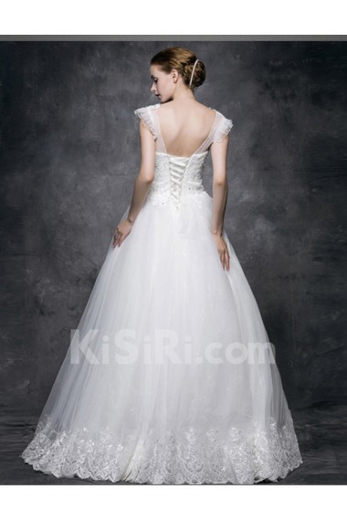 Lace, Satin V-neck Floor Length Cap Sleeve A-line Dress with Sequins