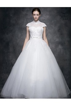 Lace, Satin High Collar Floor Length Cap Sleeve Ball Gown Dress with Sash