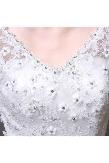 Organza, Lace V-neck Floor Length Cap Sleeve Ball Gown Dress with Sequins, Handmade Flowers