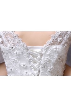 Organza, Lace V-neck Floor Length Cap Sleeve Ball Gown Dress with Sequins, Handmade Flowers