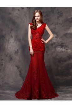 Organza, Lace V-neck Sweep Train Sleeveless Mermaid Dress with Handmade Flowers