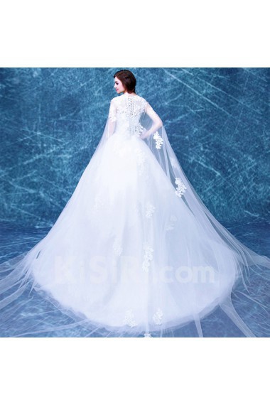 Organza Jewel Chapel Train Cap Sleeve Ball Gown Dress with Sequins