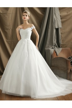 Organza Off-the-Shoulder Chapel Train A-line Dress with Flower