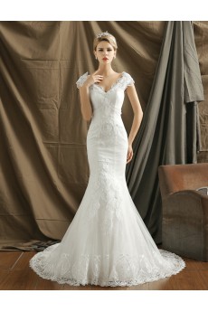 Organza V-neck Chapel Train Cap Sleeve Mermaid Dress with Lace, Beads