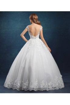 Tulle Scoop Floor Length Cap Sleeve Ball Gown Dress with Bow