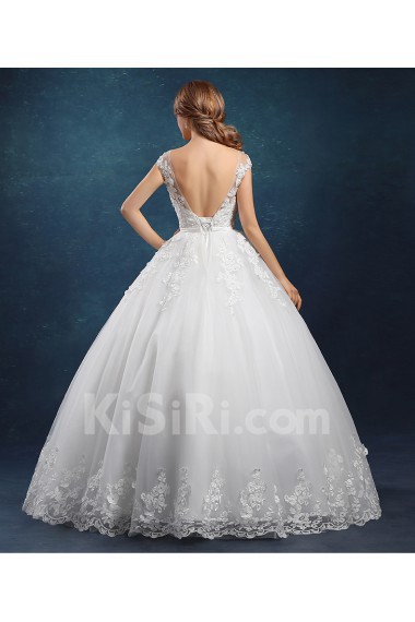 Tulle Scoop Floor Length Cap Sleeve Ball Gown Dress with Bow