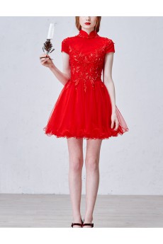 Lace, Tulle High Collar Mini/Short Cap Sleeve Ball Gown Dress with Beads