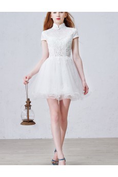 Lace, Tulle High Collar Mini/Short Cap Sleeve Ball Gown Dress with Beads