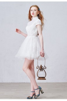 Lace, Tulle High Collar Mini/Short Cap Sleeve Ball Gown Dress with Beads