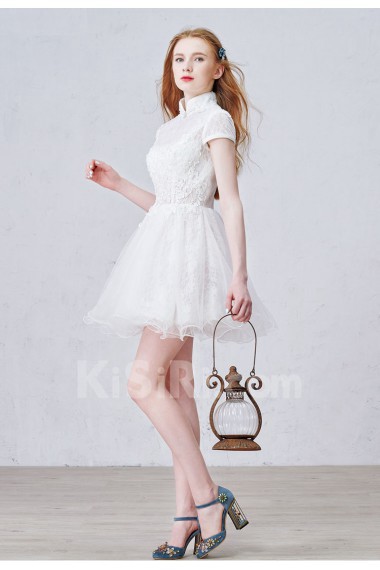 Lace, Tulle High Collar Mini/Short Cap Sleeve Ball Gown Dress with Beads