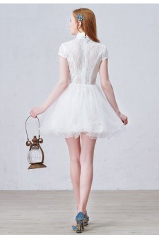 Lace, Tulle High Collar Mini/Short Cap Sleeve Ball Gown Dress with Beads