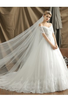 Organza Off-the-Shoulder Chapel Train A-line Dress with Lace