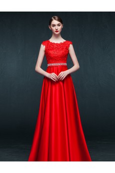 Satin, Lace Jewel Floor Length Cap Sleeve A-line Dress with Rhinestone, Sash