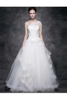 Lace, Satin, Tulle One-shoulder Floor Length Sleeveless Ball Gown Dress with Rhinestone, Beads