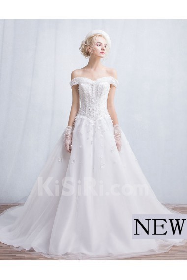 Tulle, Lace Off-the-Shoulder Chapel Train Ball Gown Dress with Applique