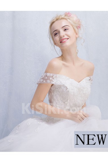 Tulle, Lace Off-the-Shoulder Chapel Train Ball Gown Dress with Applique