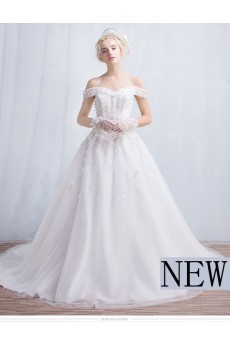 Tulle, Lace Off-the-Shoulder Chapel Train Ball Gown Dress with Applique