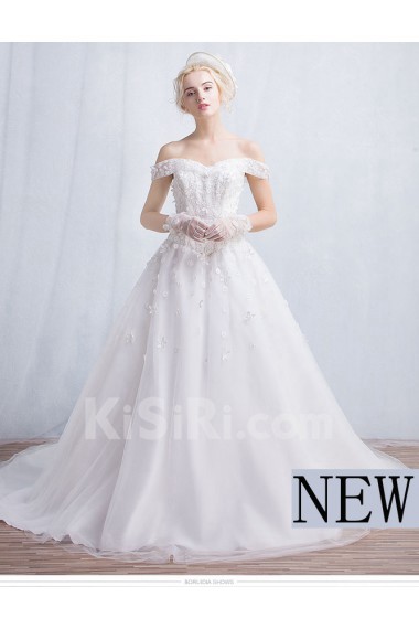 Tulle, Lace Off-the-Shoulder Chapel Train Ball Gown Dress with Applique