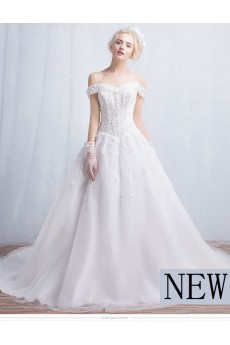 Tulle, Lace Off-the-Shoulder Chapel Train Ball Gown Dress with Applique