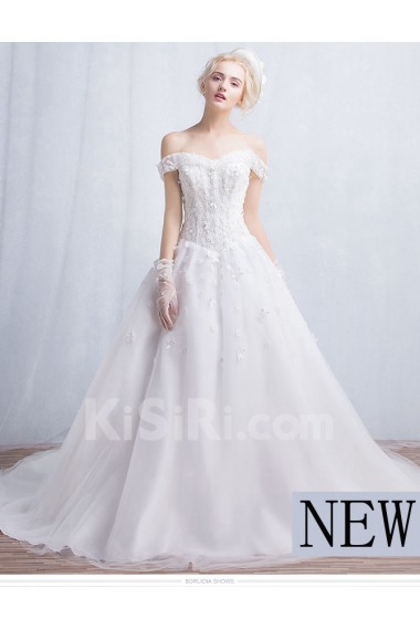 Tulle, Lace Off-the-Shoulder Chapel Train Ball Gown Dress with Applique