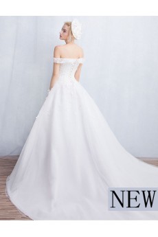 Tulle, Lace Off-the-Shoulder Chapel Train Ball Gown Dress with Applique