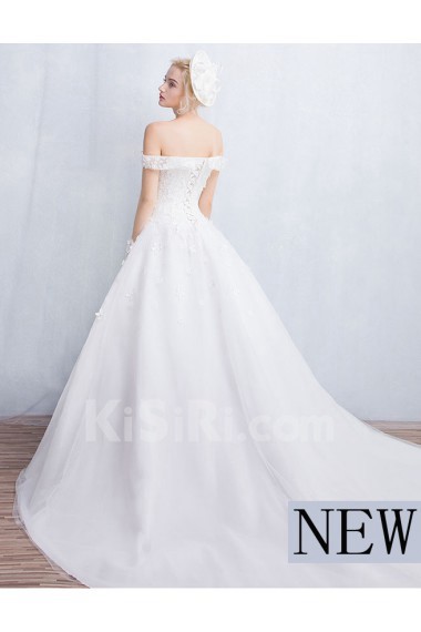 Tulle, Lace Off-the-Shoulder Chapel Train Ball Gown Dress with Applique