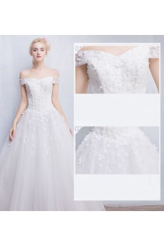 Tulle, Lace Off-the-Shoulder Chapel Train Ball Gown Dress with Applique