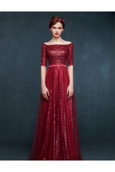 Tulle, Lace, Satin Off-the-Shoulder Floor Length Half Sleeve Sheath Dress with Sequins