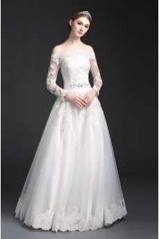 Tulle, Lace Off-the-Shoulder Floor Length Long Sleeve A-line Dress with Sequins