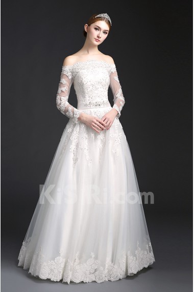Tulle, Lace Off-the-Shoulder Floor Length Long Sleeve A-line Dress with Sequins