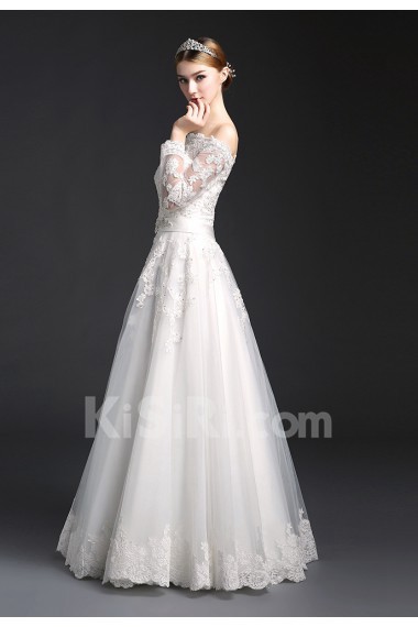 Tulle, Lace Off-the-Shoulder Floor Length Long Sleeve A-line Dress with Sequins