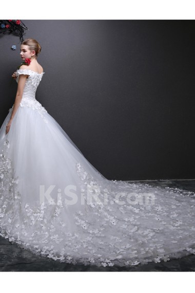 Lace, Tulle Off-the-Shoulder Cathedral Train Ball Gown Dress with Handmade Flowers, Rhinestone