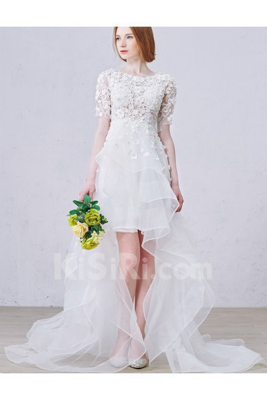 Lace, Tulle Scoop Mini/Short Short Sleeve A-line Dress with Pearl, Rhinestone