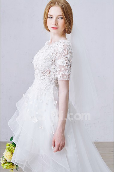 Lace, Tulle Scoop Mini/Short Short Sleeve A-line Dress with Pearl, Rhinestone