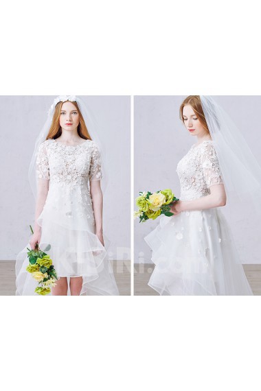 Lace, Tulle Scoop Mini/Short Short Sleeve A-line Dress with Pearl, Rhinestone