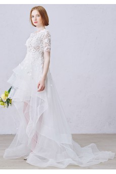 Lace, Tulle Scoop Mini/Short Short Sleeve A-line Dress with Pearl, Rhinestone
