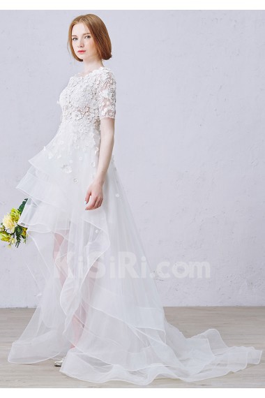 Lace, Tulle Scoop Mini/Short Short Sleeve A-line Dress with Pearl, Rhinestone
