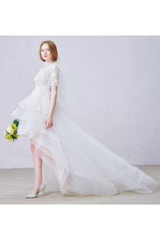 Lace, Tulle Scoop Mini/Short Short Sleeve A-line Dress with Pearl, Rhinestone