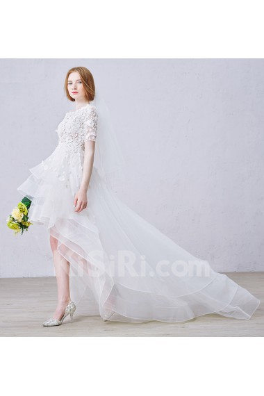 Lace, Tulle Scoop Mini/Short Short Sleeve A-line Dress with Pearl, Rhinestone