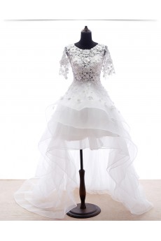 Lace, Tulle Scoop Mini/Short Short Sleeve A-line Dress with Pearl, Rhinestone