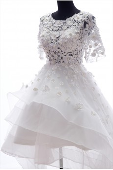 Lace, Tulle Scoop Mini/Short Short Sleeve A-line Dress with Pearl, Rhinestone